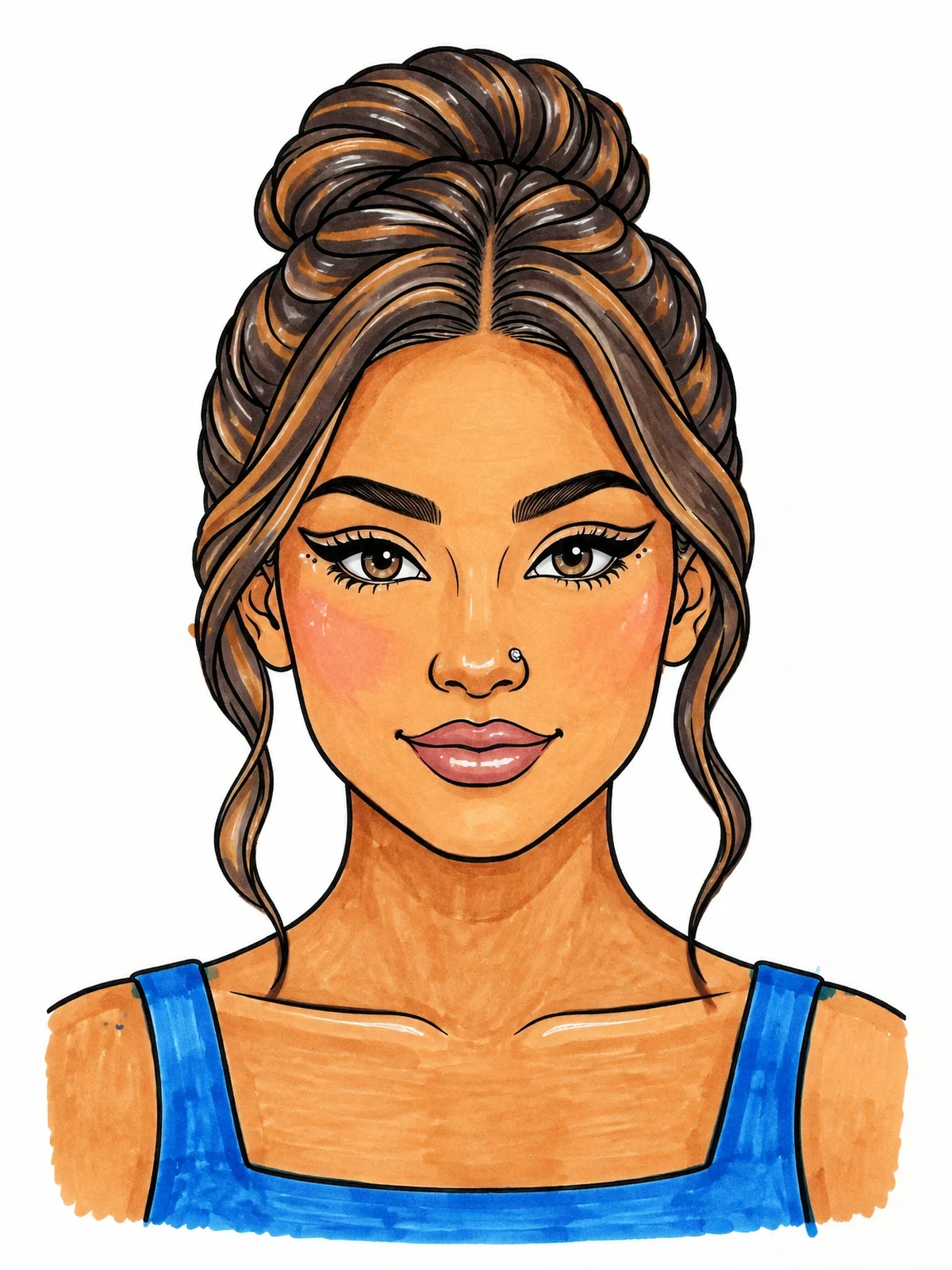 Colored example of the Young Woman With High Bun And Eyeliner coloring page