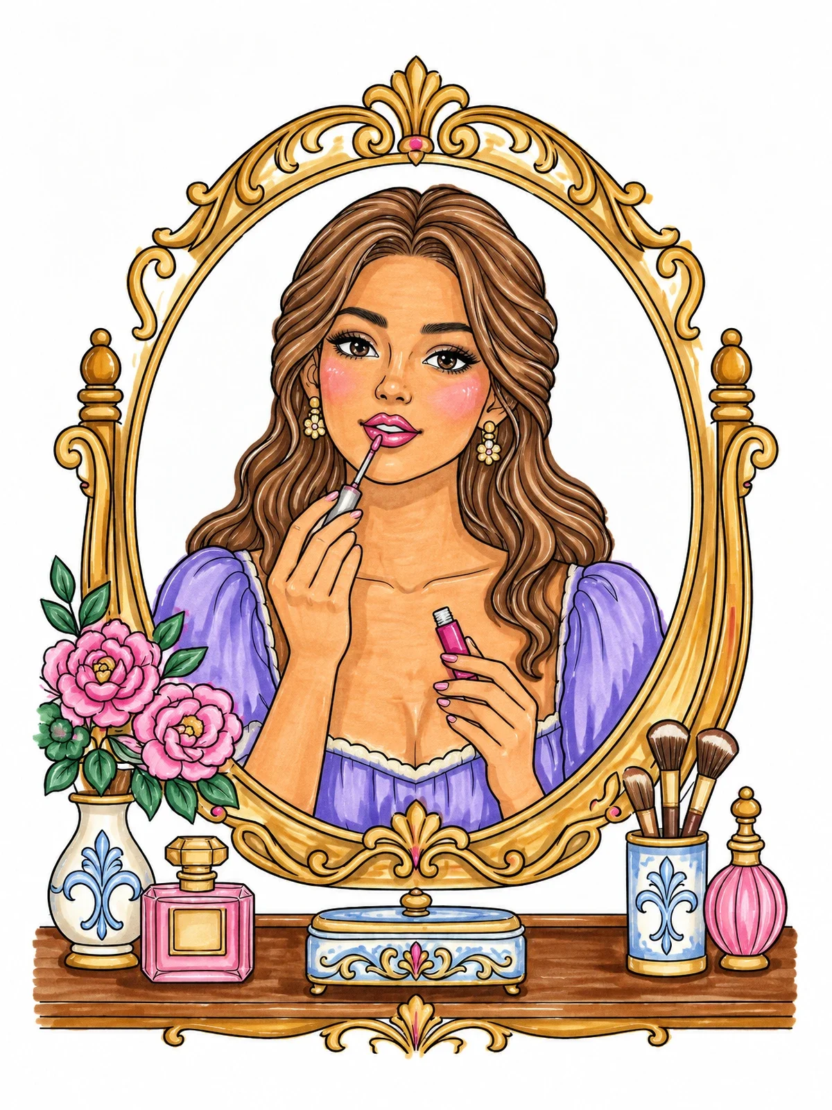 Colored example of the Young Woman At Vanity Mirror coloring page