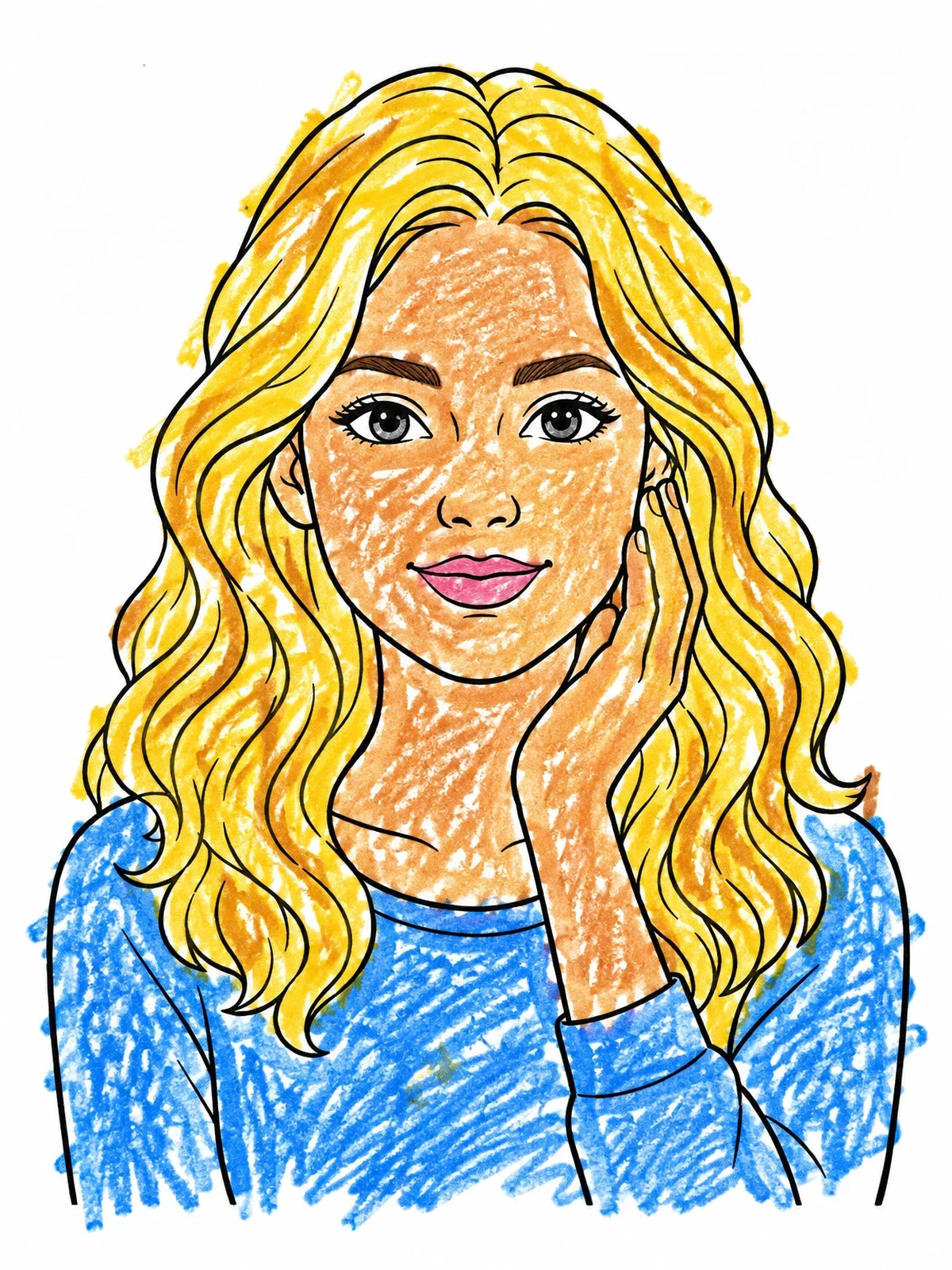 Colored example of the Young Woman With Wavy Hair Portrait coloring page