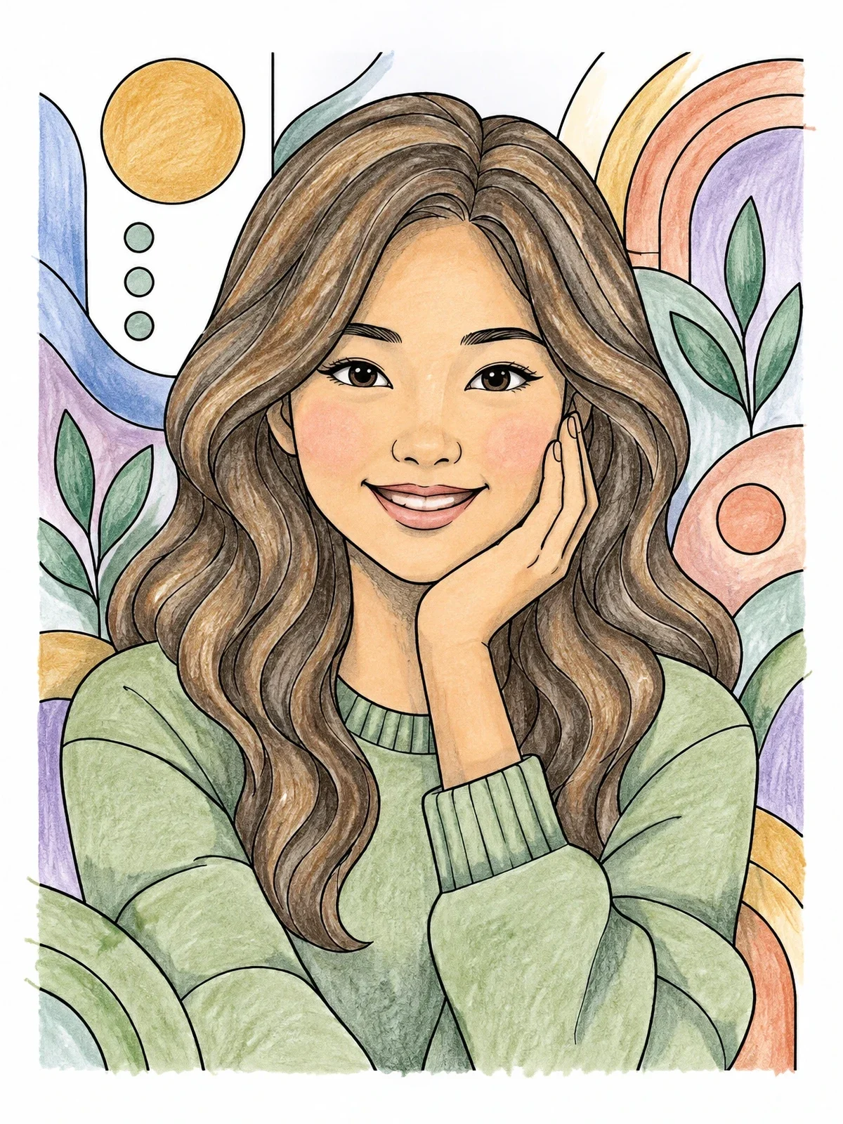 Colored example of the Smiling Woman With Flowing Hair coloring page