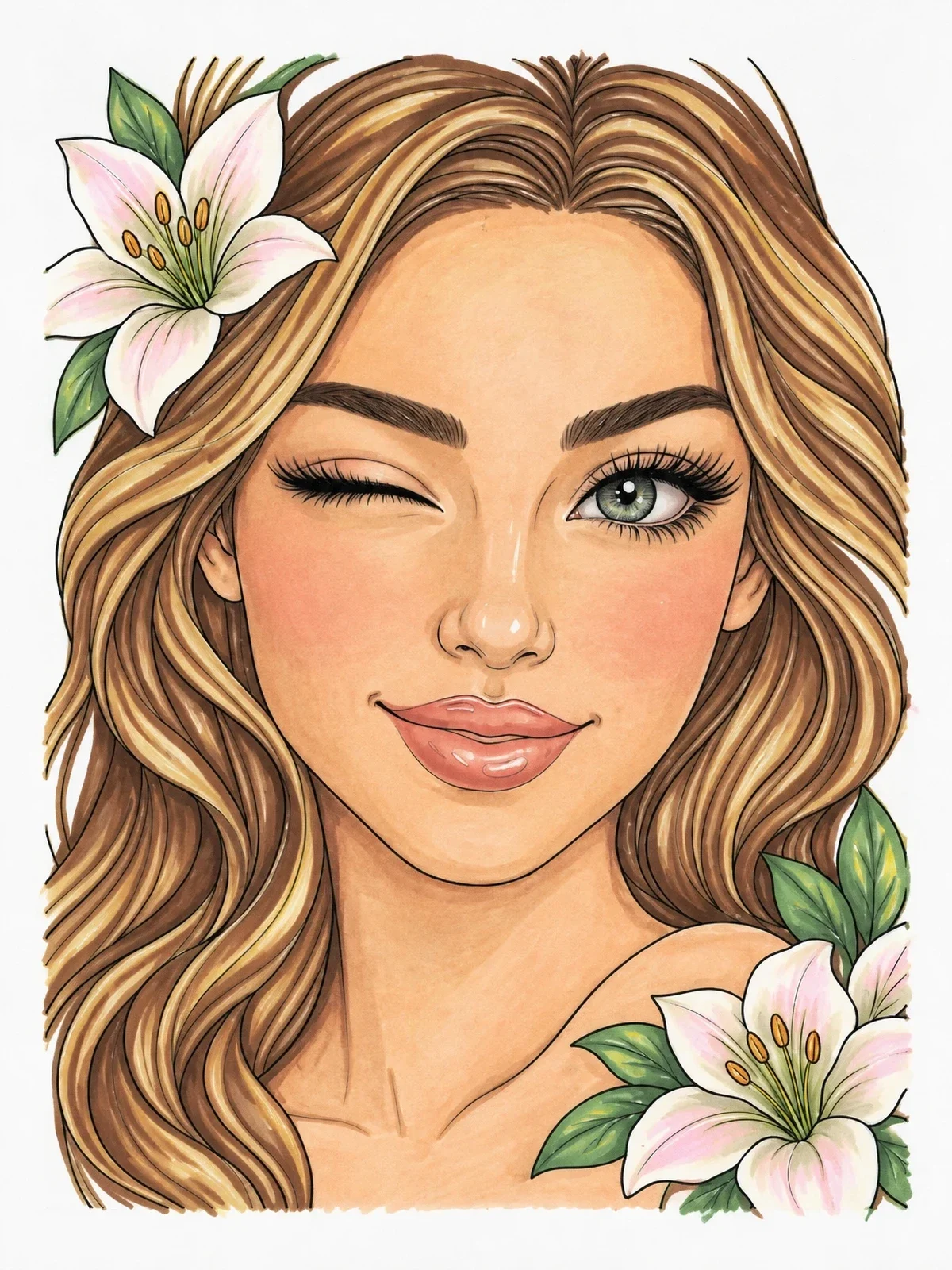 Colored example of the Winking Woman With Lily Flowers coloring page