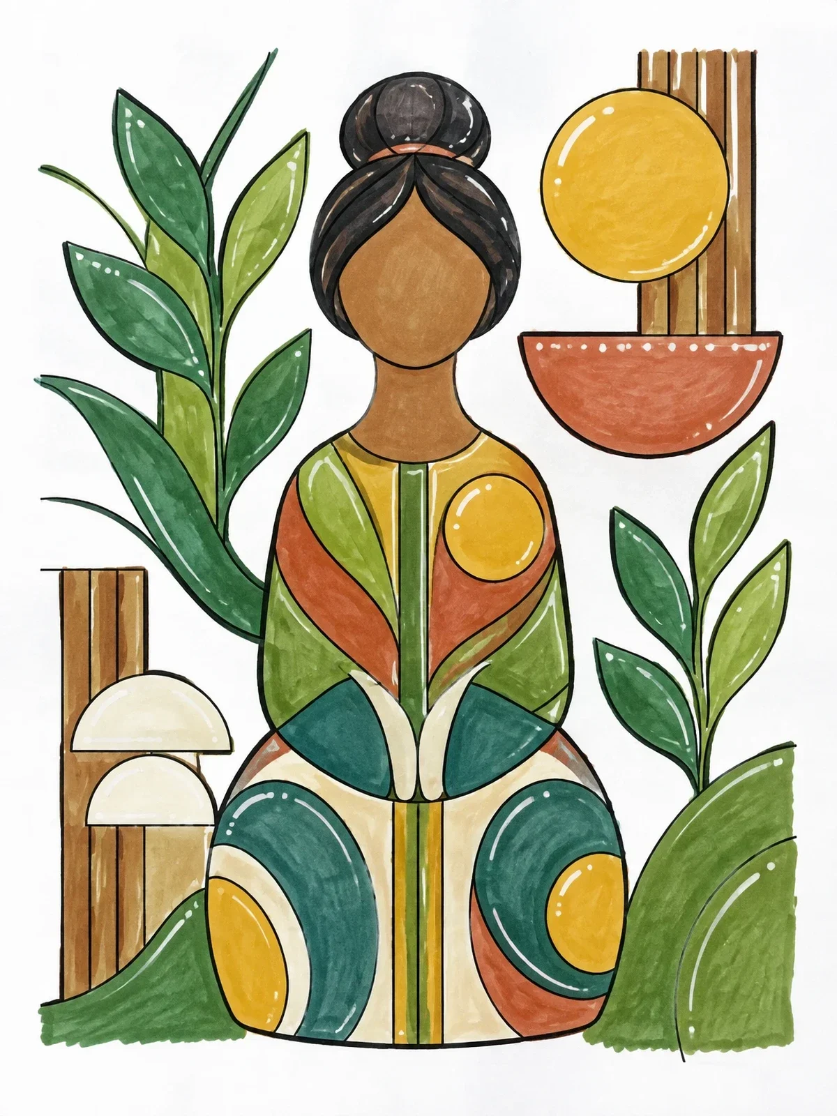 Colored example of the Faceless Dominican Ceramic Doll Art coloring page