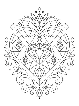 An intricate crystal heart coloring page surrounded by elegant swirling flourishes.