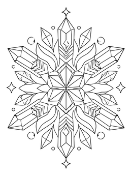 Geometric snowflake coloring page featuring faceted crystal prisms and symmetrical patterns.