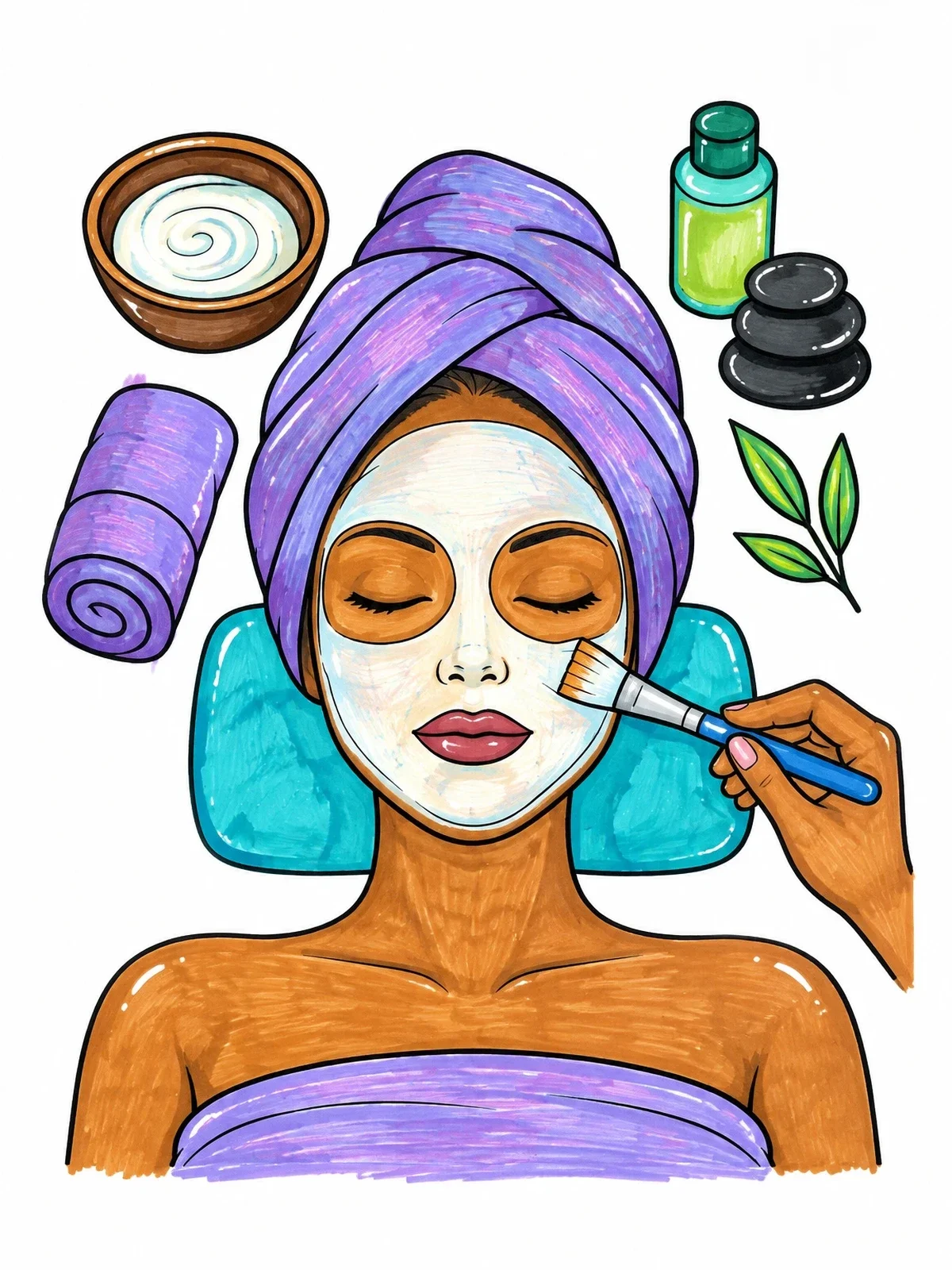 Colored example of the Relaxing Facial Treatment Spa Day coloring page
