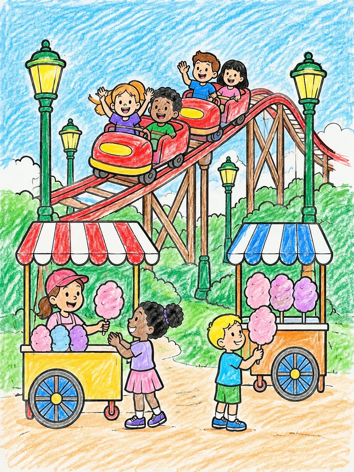 Colored example of the Fairground Roller Coaster And Cotton Candy coloring page