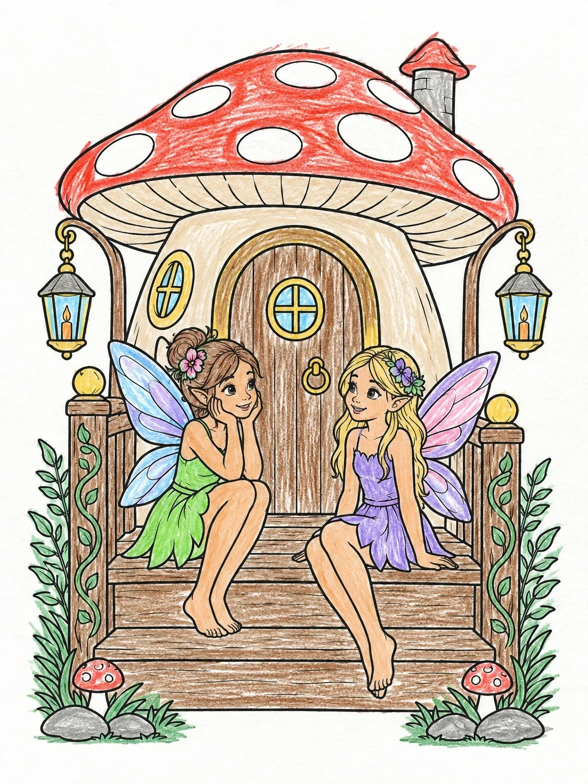 Colored example of the Fairies On A Mushroom House Porch coloring page