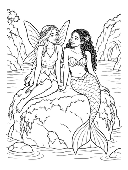 A fairy coloring page showing a winged fairy chatting with a mermaid friend on a coastal rock.
