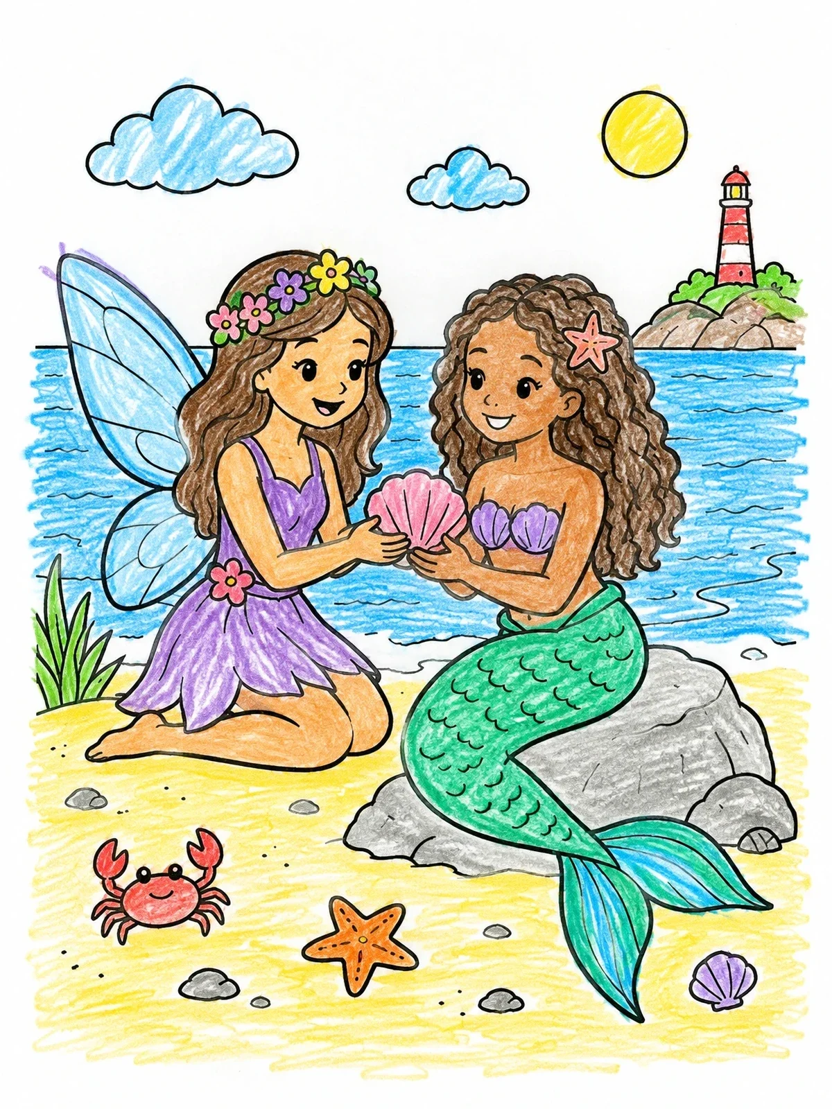 Colored example of the Fairy And Mermaid With Seashell coloring page