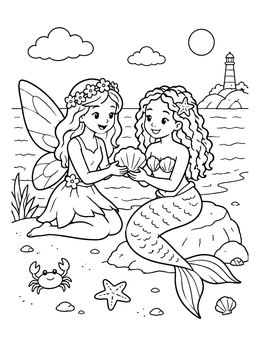 A cute fairy coloring page showing a winged fairy and mermaid sharing a seashell on the beach.