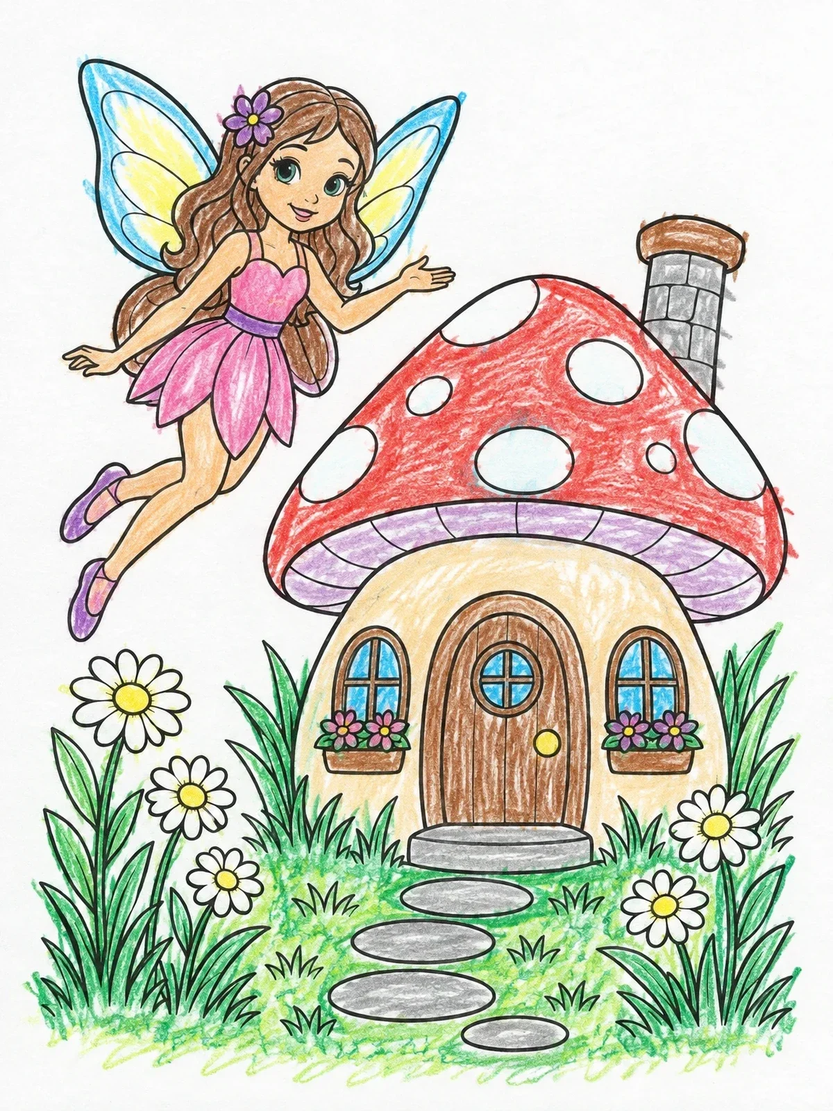 Colored example of the Fairy And Mushroom Cottage coloring page