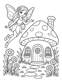 Free printable Fairy And Mushroom Cottage coloring page