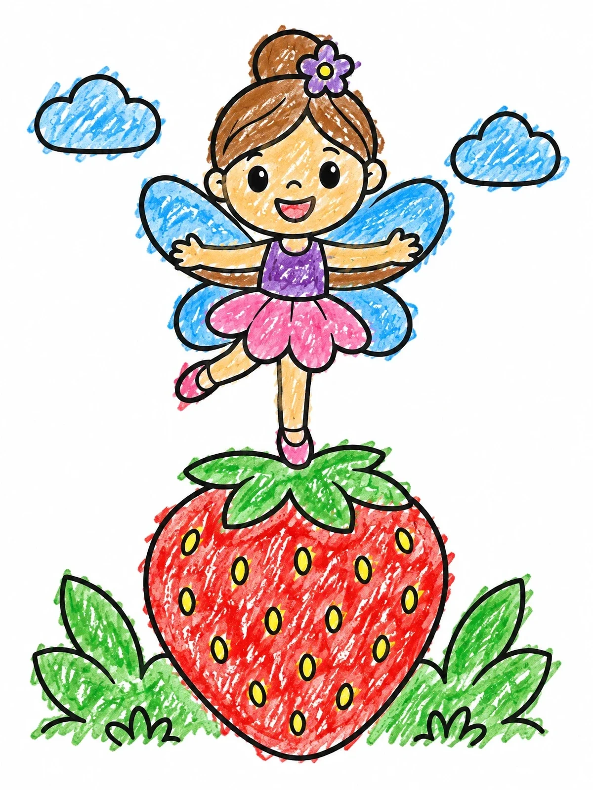 Colored example of the Cute Fairy On A Giant Strawberry coloring page