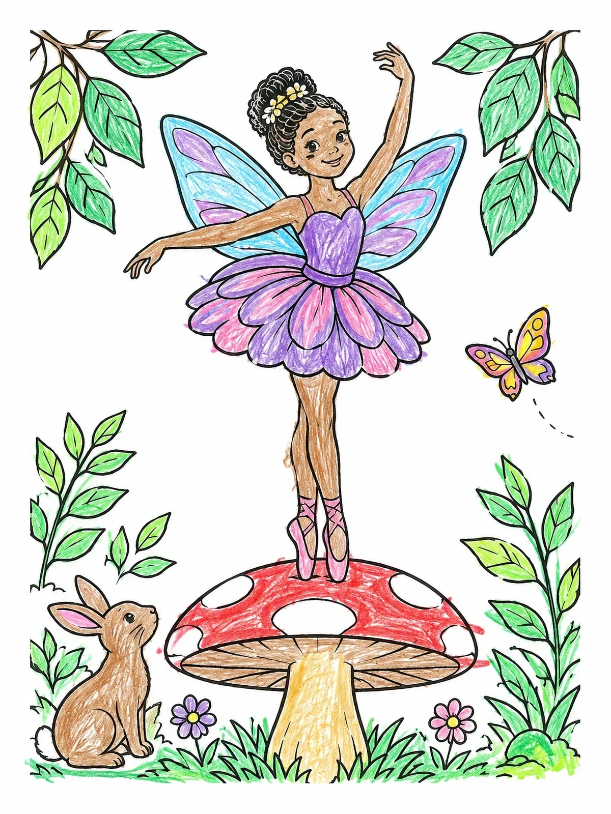 Colored example of the Fairy Ballerina Dancing On Mushroom coloring page