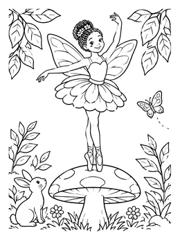 A fairy ballerina coloring page featuring a dancer en pointe on a mushroom in the forest.