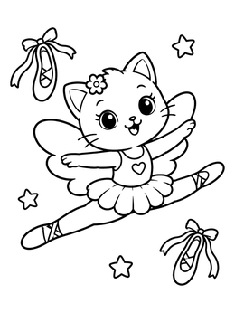 A cute winged cat leaps in a ballerina coloring page surrounded by ballet shoes.