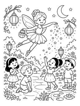 A fairy ballerina coloring page featuring kids watching her sprinkle stardust under lanterns.