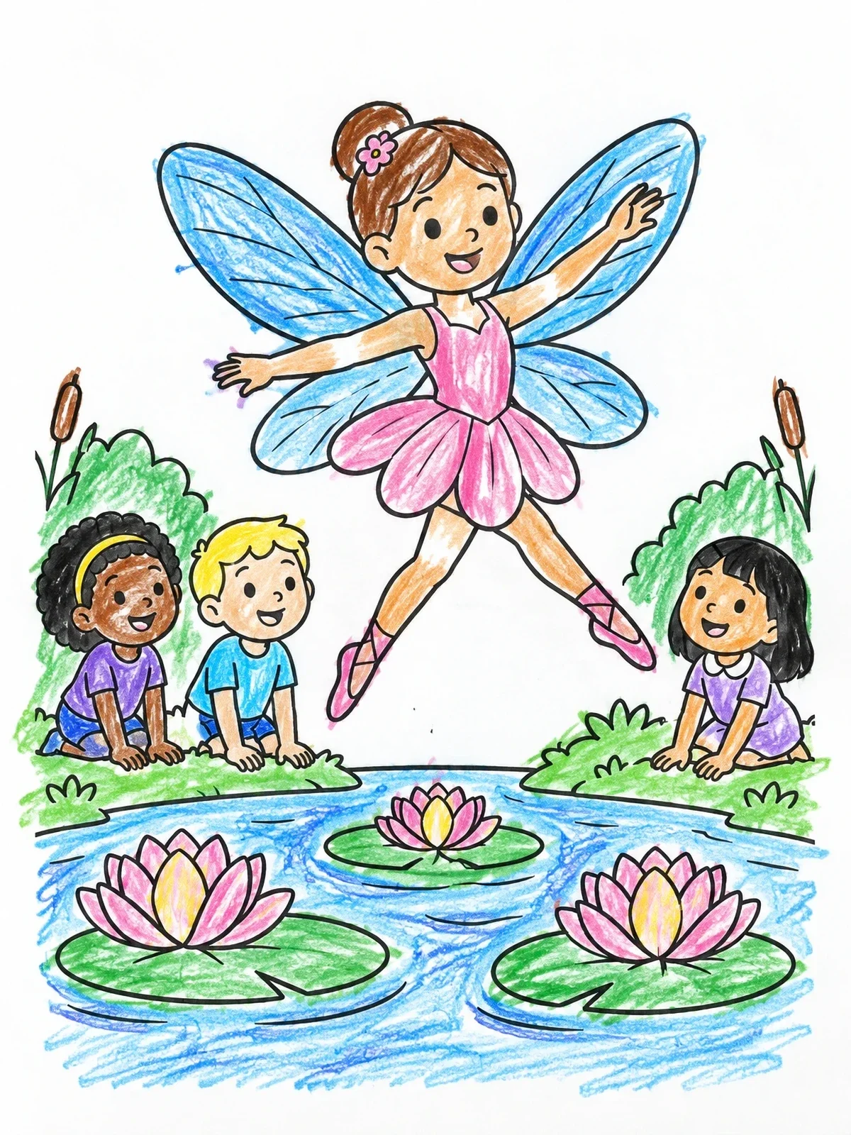 Colored example of the Fairy Ballerina Leaping Over Water Lilies coloring page