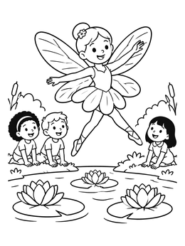 Free printable Fairy Ballerina Leaping Over Water Lilies coloring page