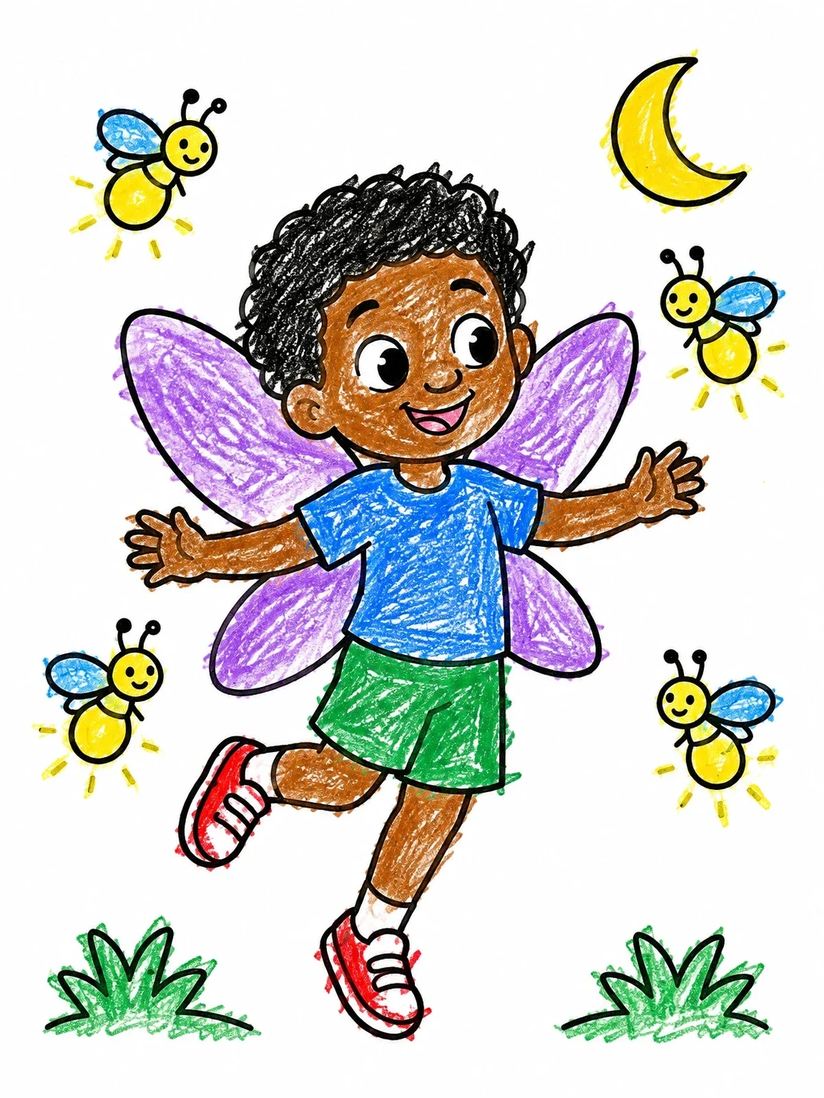 Colored example of the Fairy Boy Dancing With Fireflies coloring page