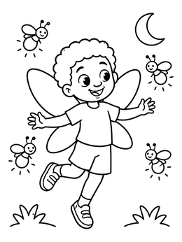 A cheerful fairy coloring page showing a winged boy dancing with glowing fireflies under the crescent moon.