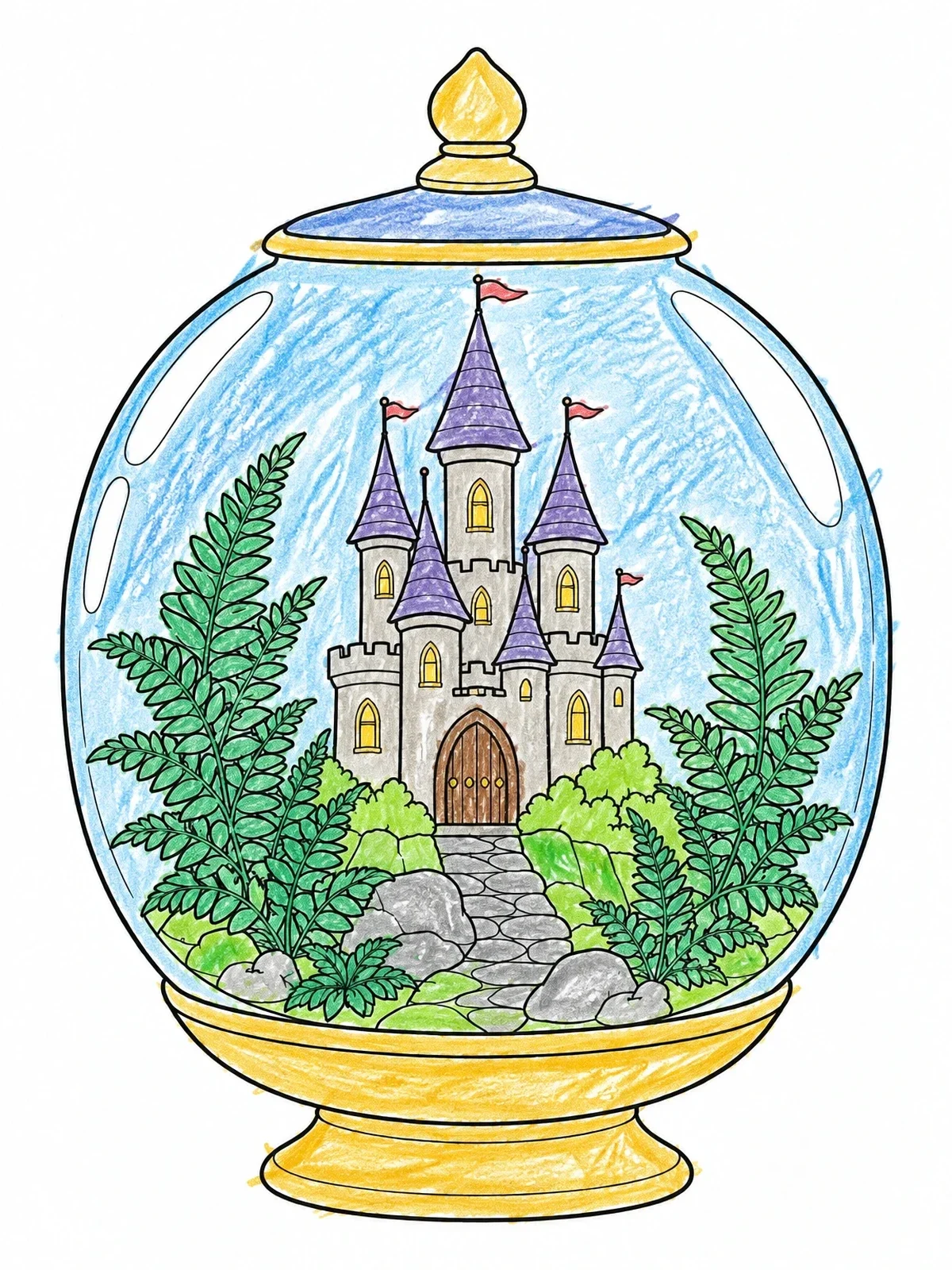 Colored example of the Fairy Castle In A Glass Terrarium coloring page