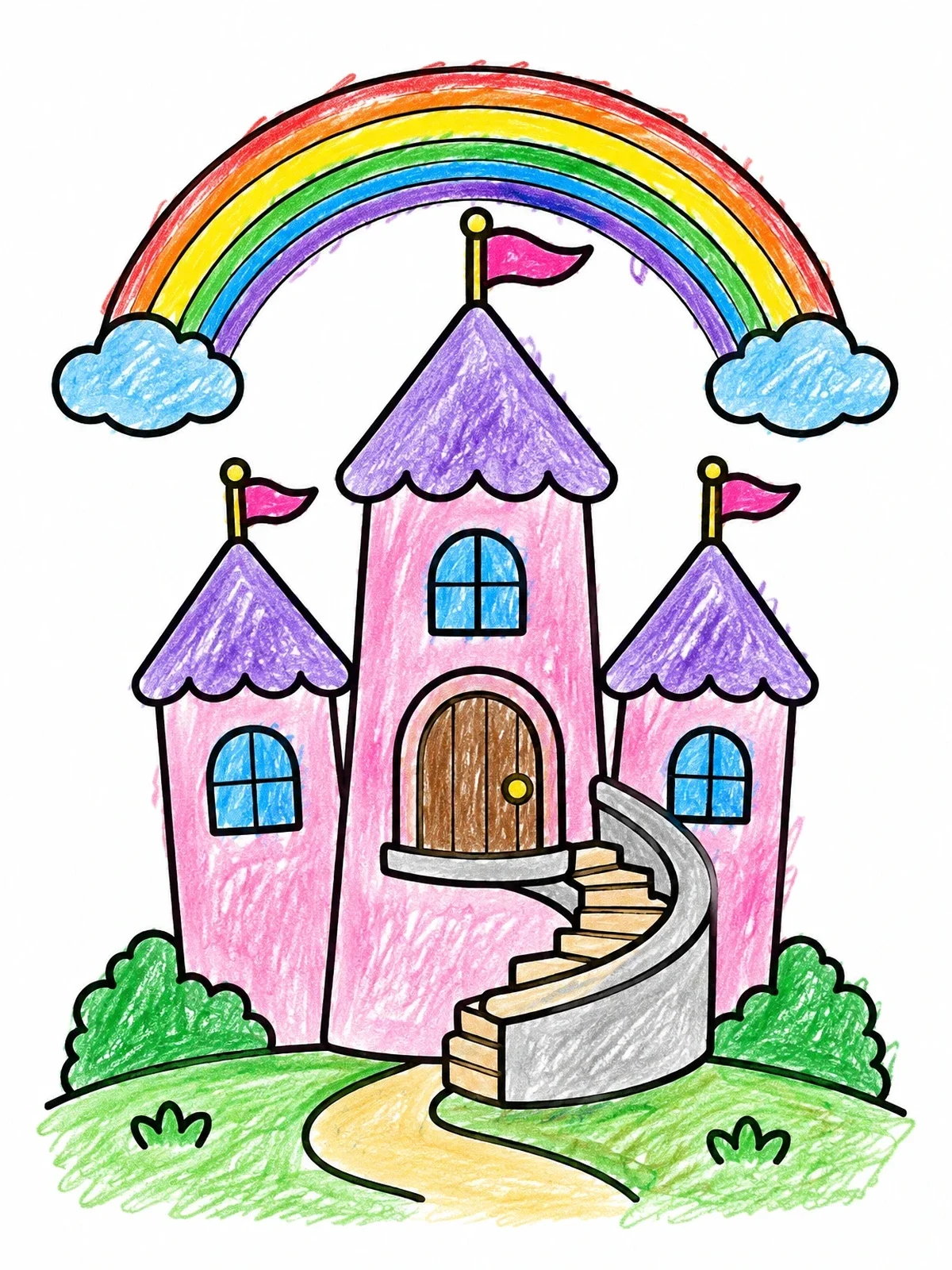Colored example of the Fairy Castle Under A Rainbow coloring page