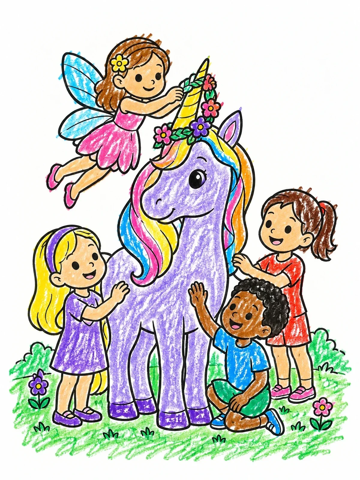 Colored example of the Fairy And Children With A Unicorn coloring page