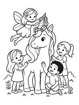 A magical unicorn coloring page featuring a flying fairy placing flowers on its horn with happy kids nearby.