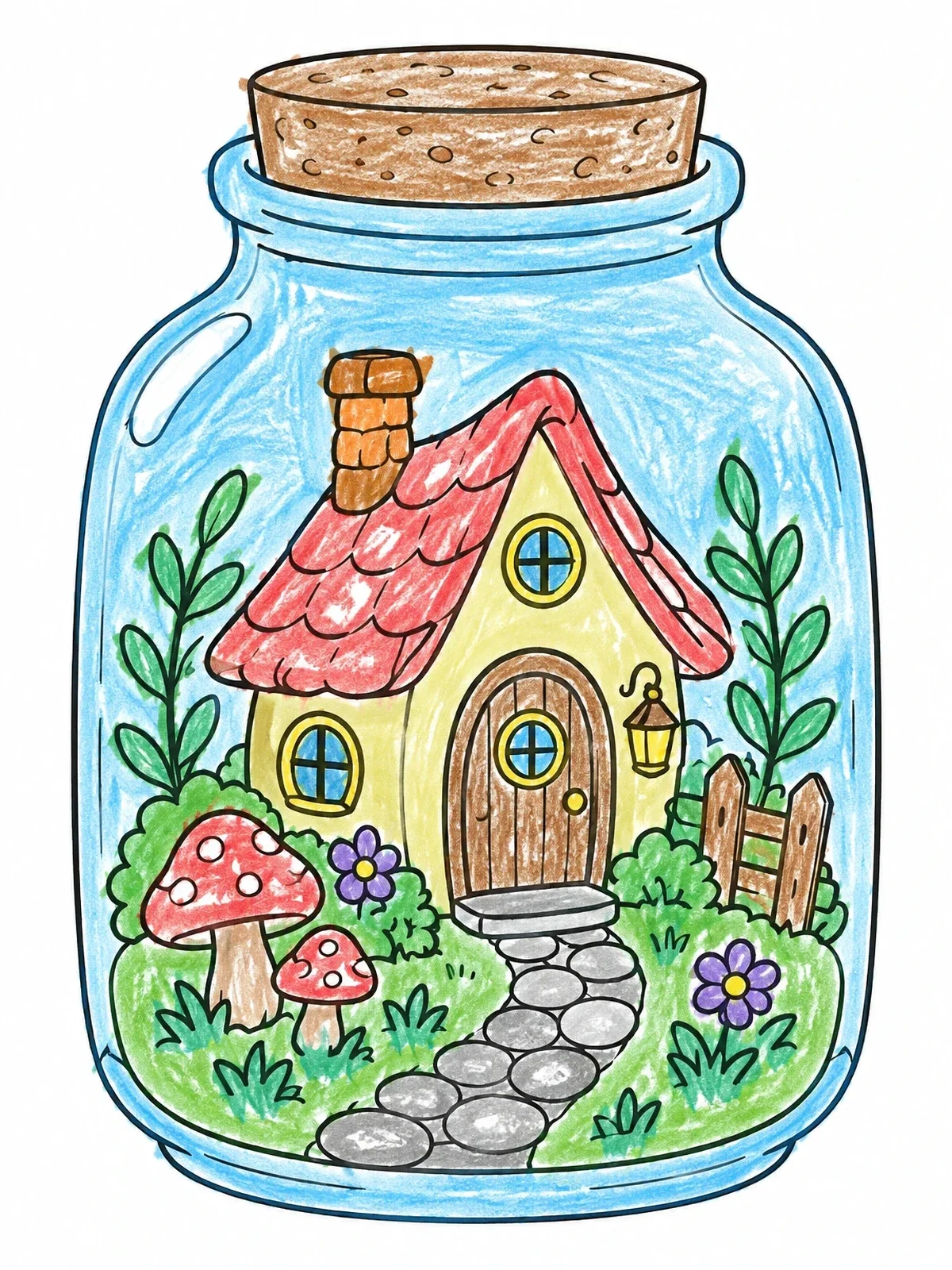 Colored example of the Fairy Cottage In A Glass Jar coloring page