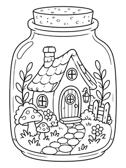 A magical fairy house terrarium inside a mason jar coloring page.