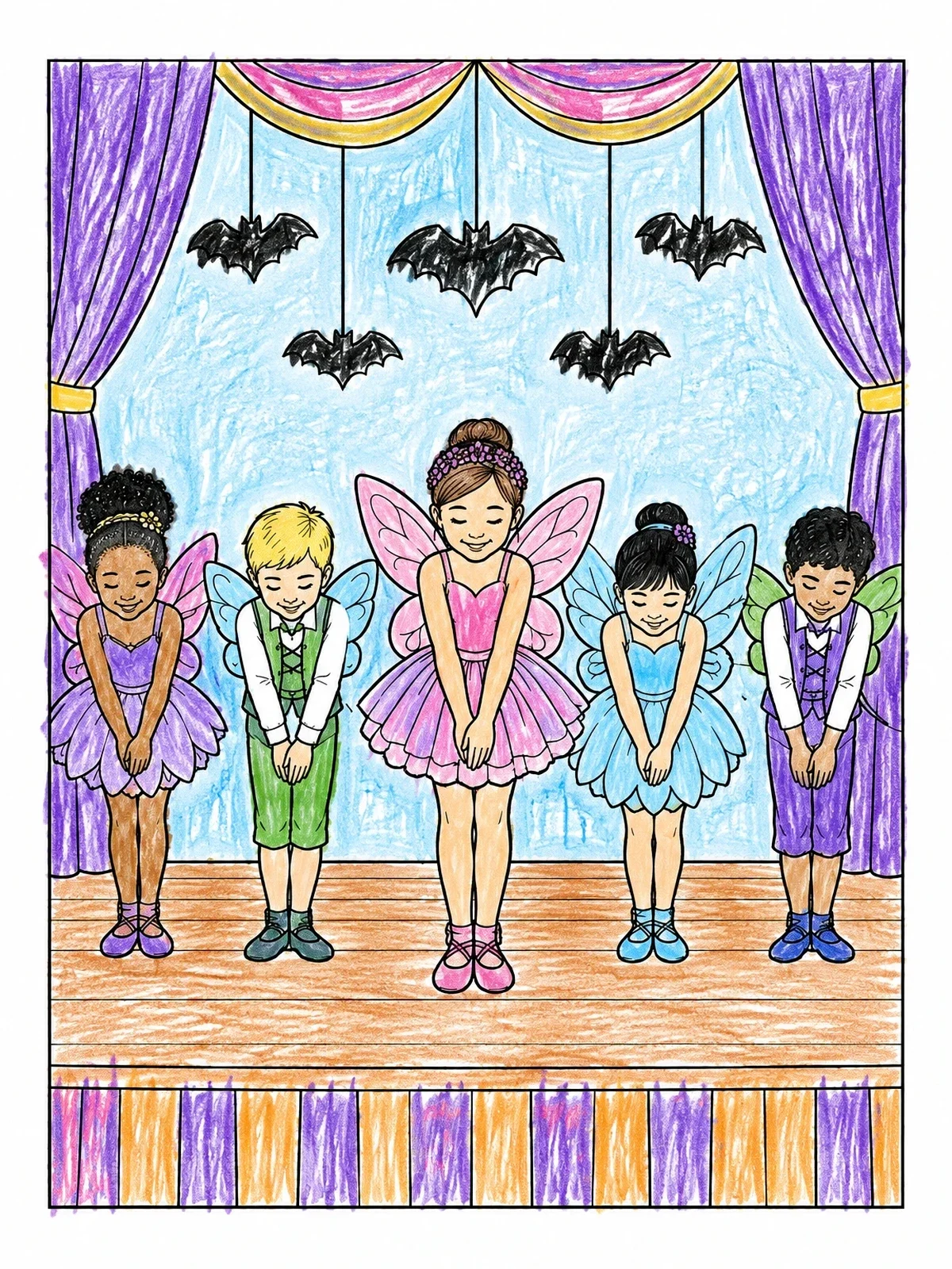 Colored example of the Fairy Dancers Bowing On Stage coloring page