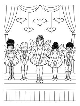 Young ballet dancers taking a bow in this halloween dance coloring page.