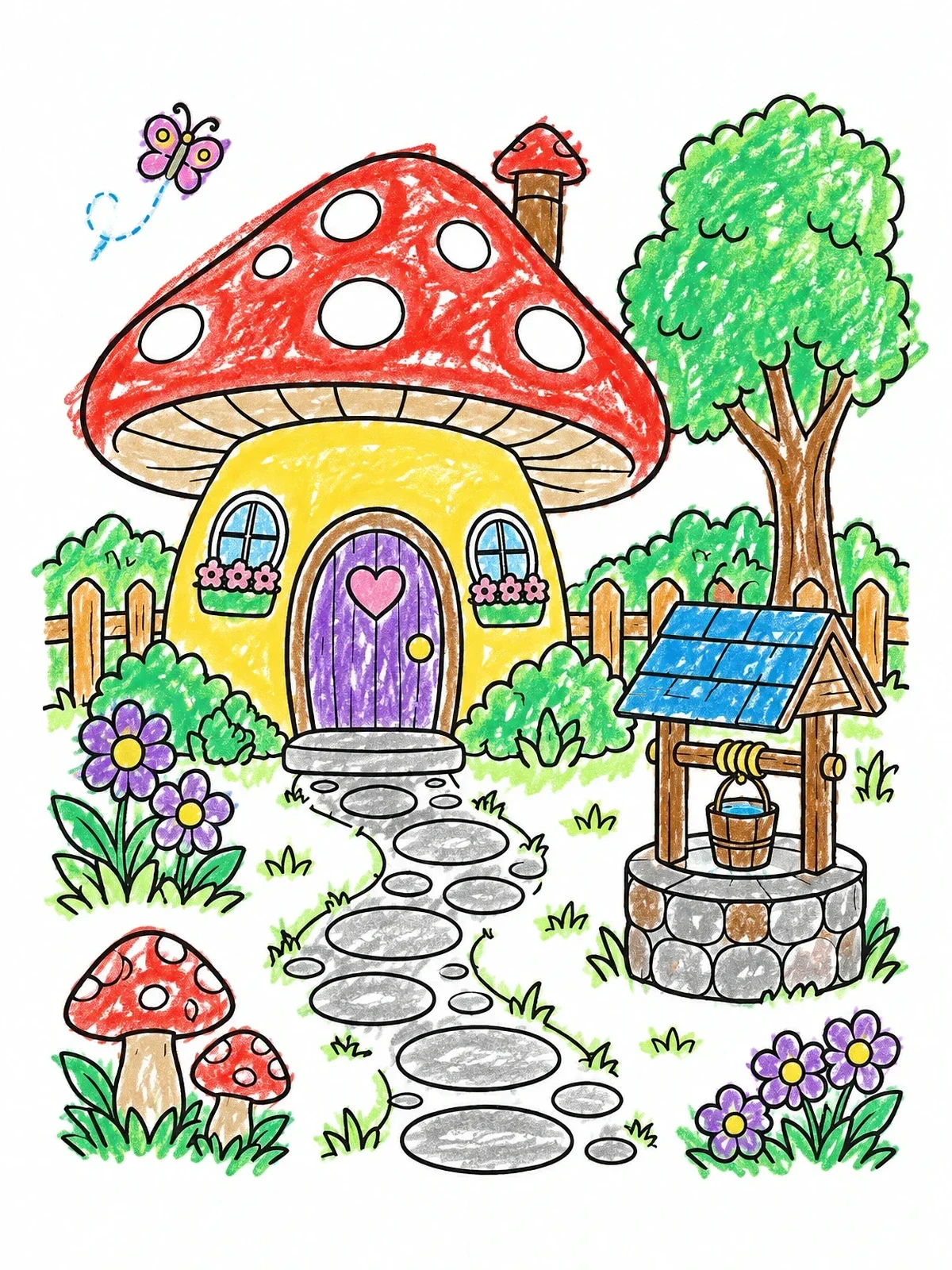 Colored example of the Fairy Garden Mushroom Cottage With Well coloring page