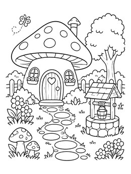Free printable Fairy Garden Mushroom Cottage With Well coloring page