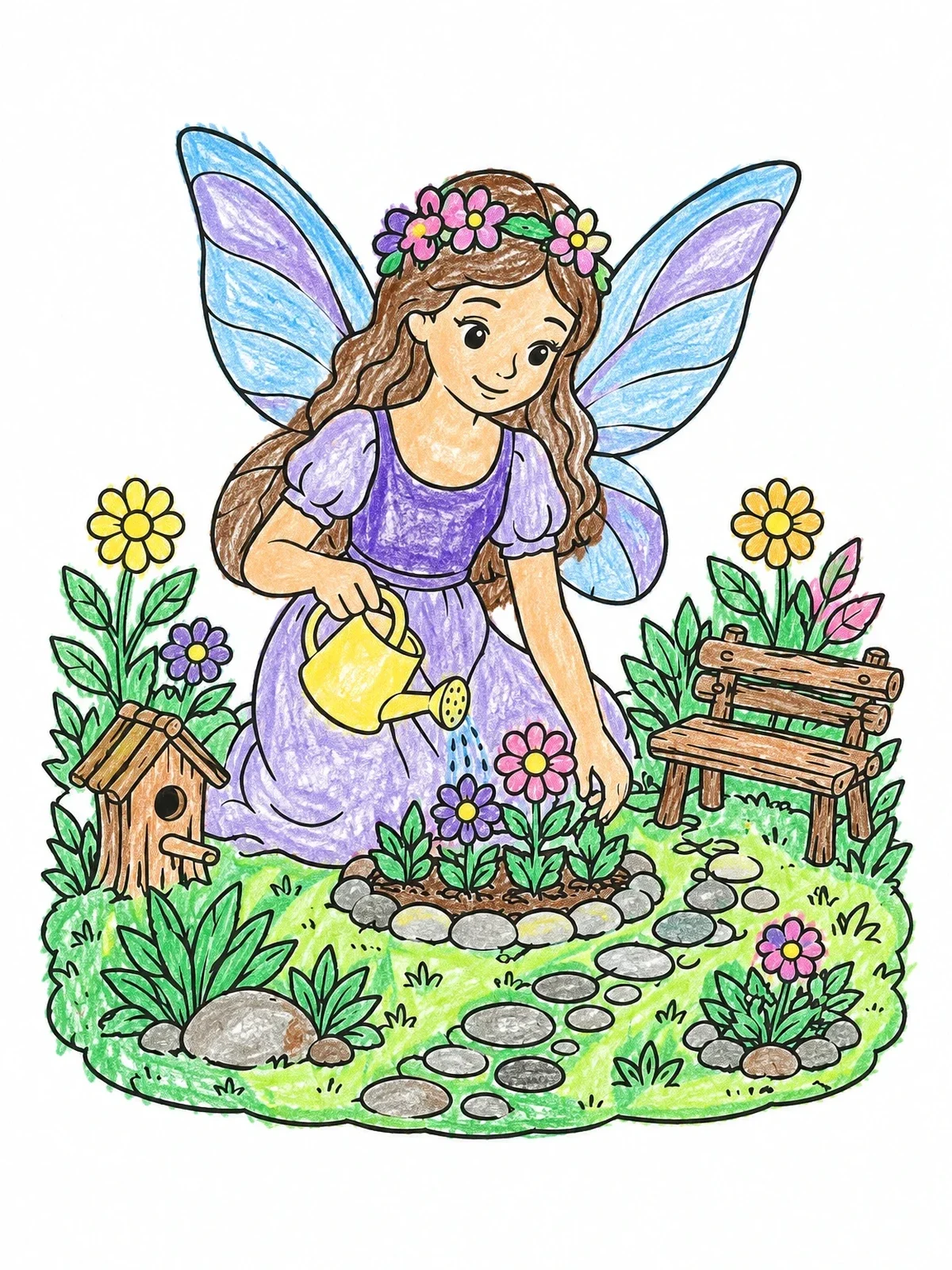 Colored example of the Fairy Gardening By A Stone Path coloring page