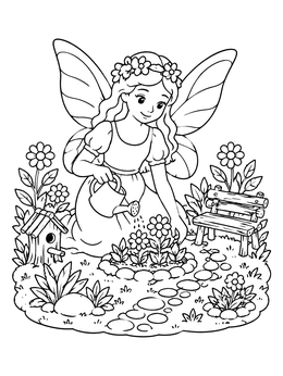 A cute fairy coloring page showing a winged girl watering flowers by a tiny bench.