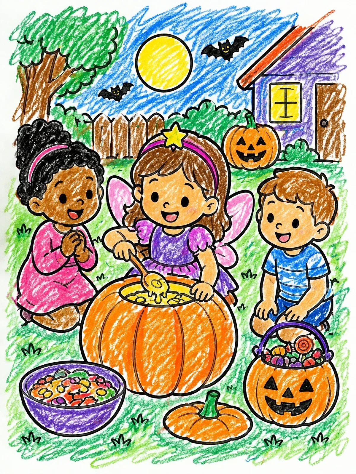 Colored example of the Fairy Girl Carving A Halloween Pumpkin coloring page