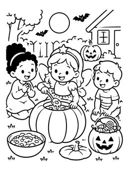 A halloween cartoon coloring page showing children carving a pumpkin with candy nearby.