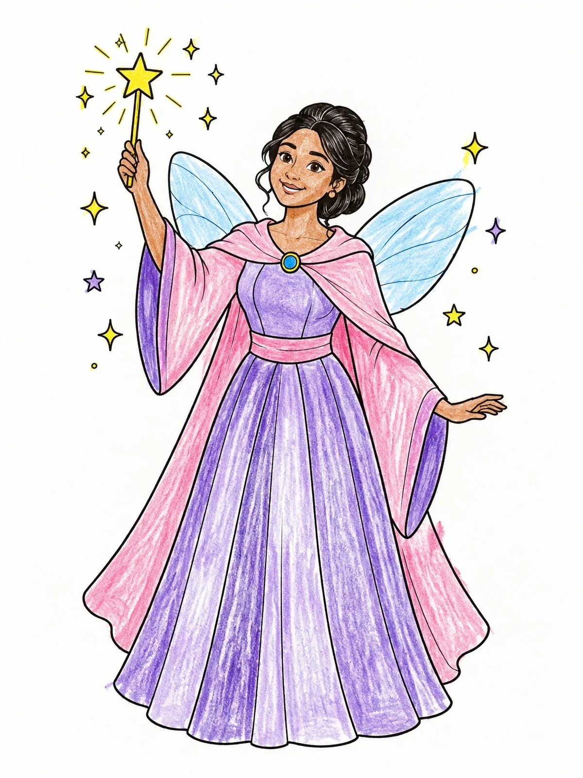 Colored example of the Fairy Godmother With Star Wand coloring page