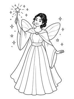 A smiling fairy godmother holding a magic star wand on this fairy coloring page.