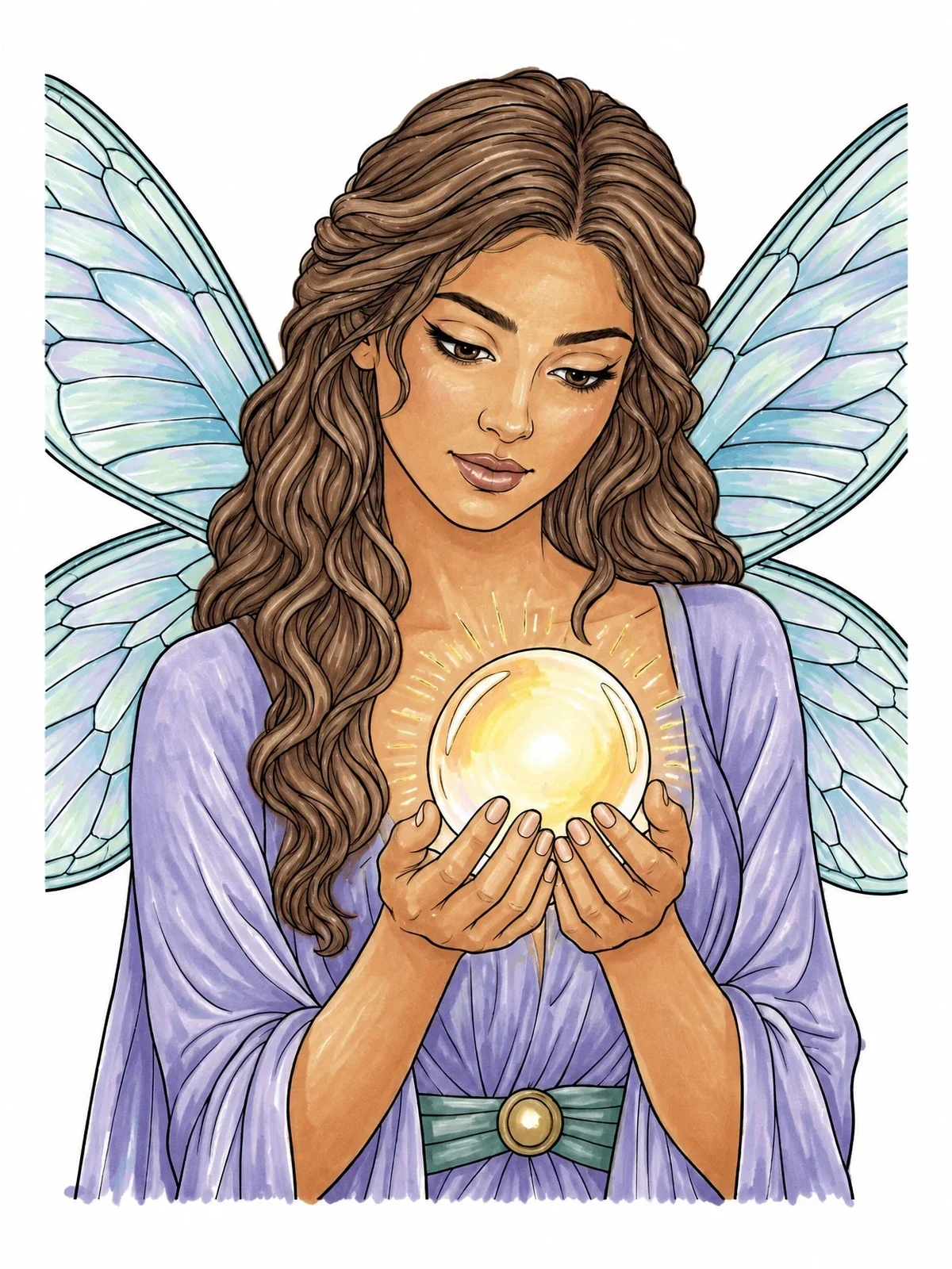 Colored example of the Fairy Holding A Glowing Crystal Ball coloring page