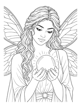 A serene winged fairy coloring page featuring a glowing orb held in her hands.