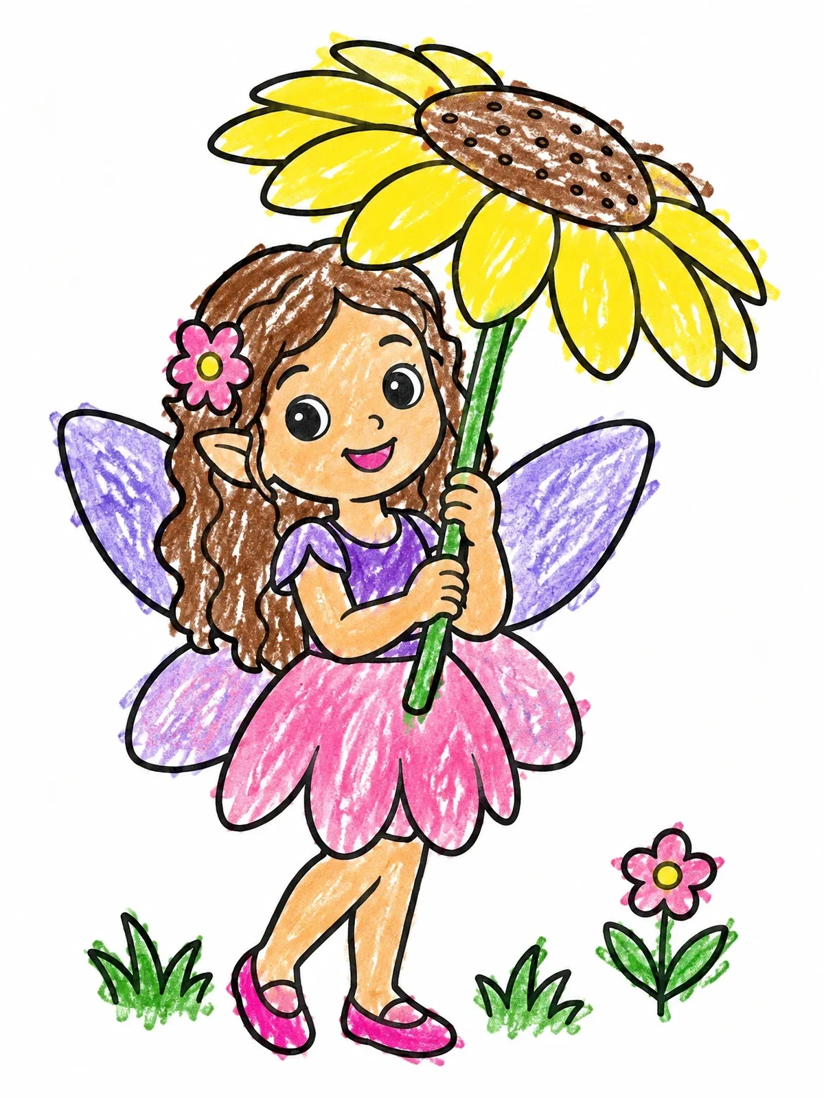 Colored example of the Fairy Holding A Sunflower Umbrella coloring page