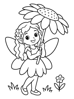 Free printable Fairy Holding A Sunflower Umbrella coloring page