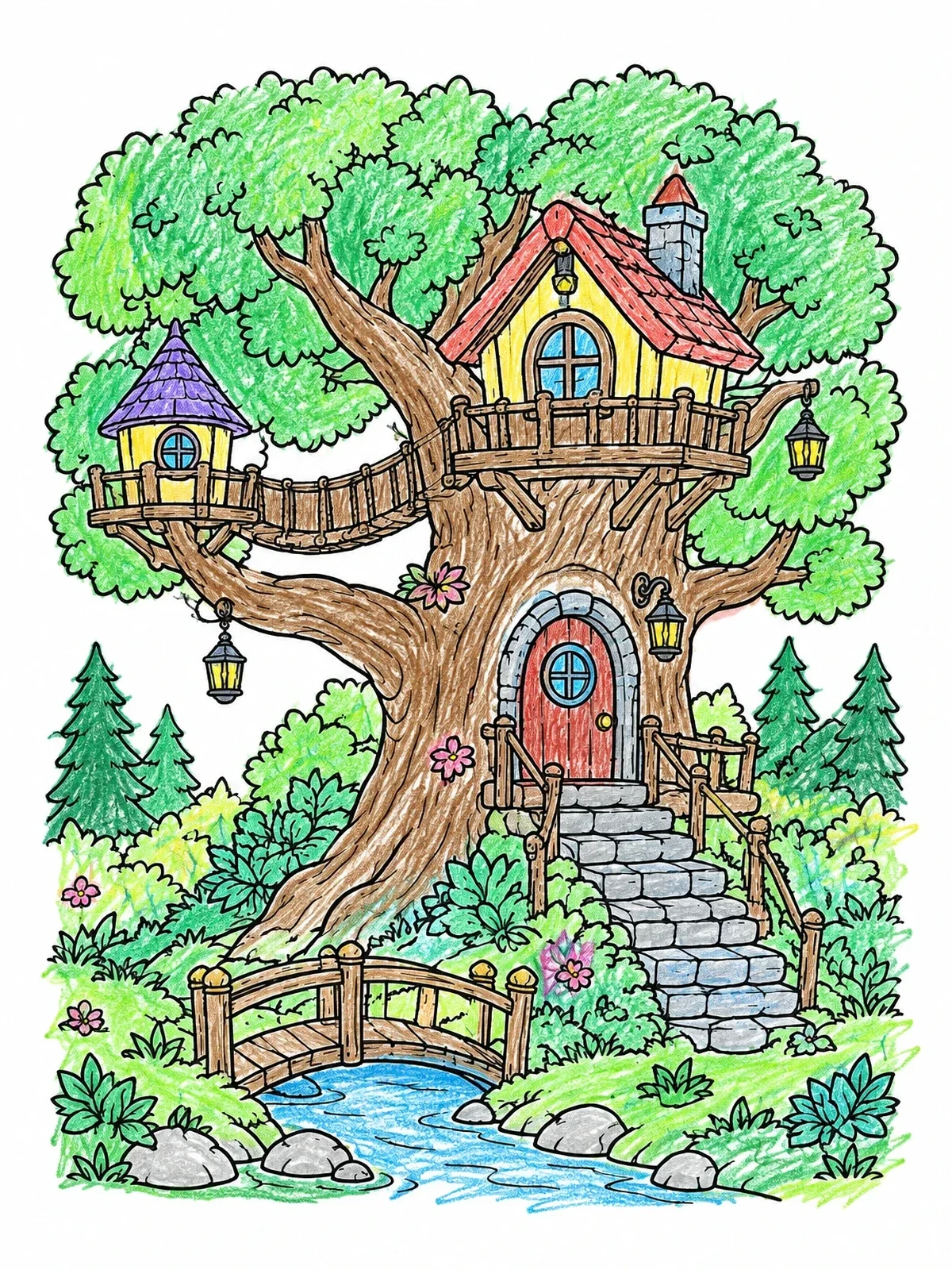 Colored example of the Enchanted Woodland Treehouse coloring page