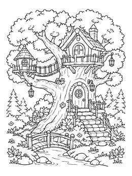 Free printable Enchanted Woodland Treehouse coloring page