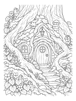 Free printable Cozy Fairy House In Tree Roots coloring page