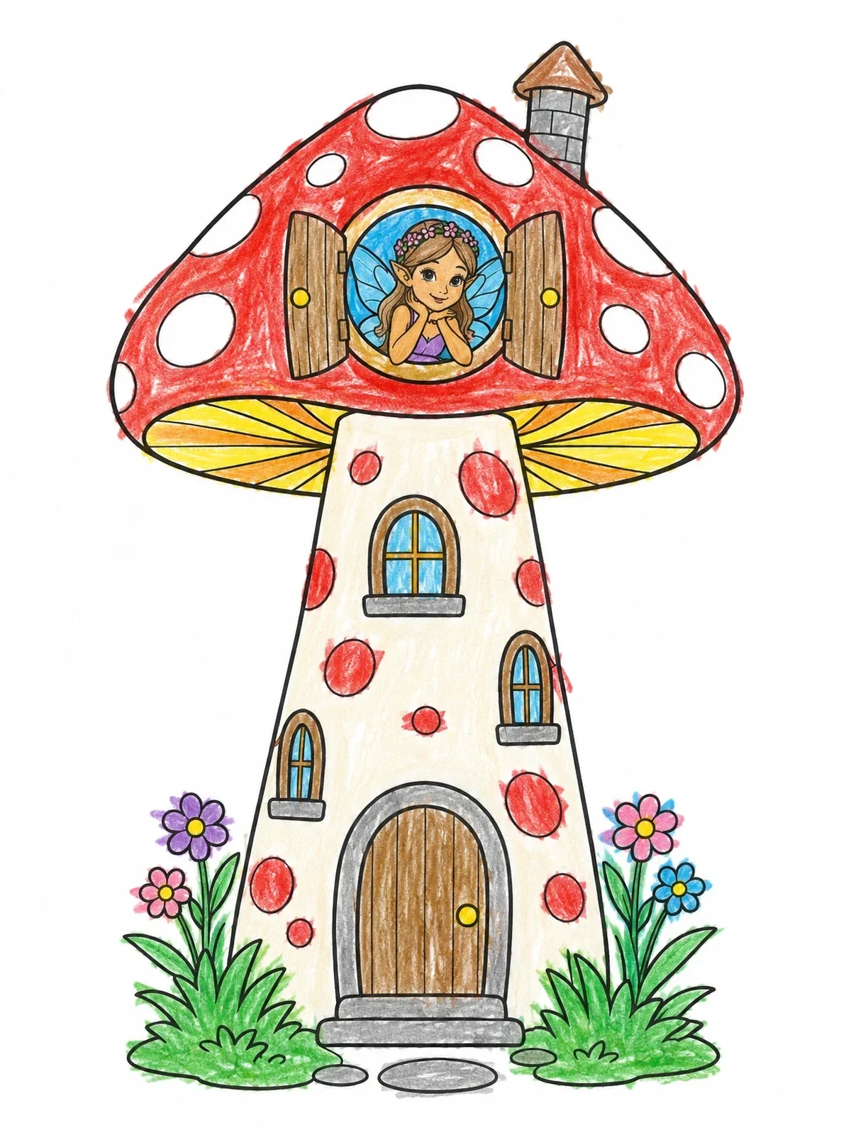 Colored example of the Fairy In A Mushroom Tower coloring page