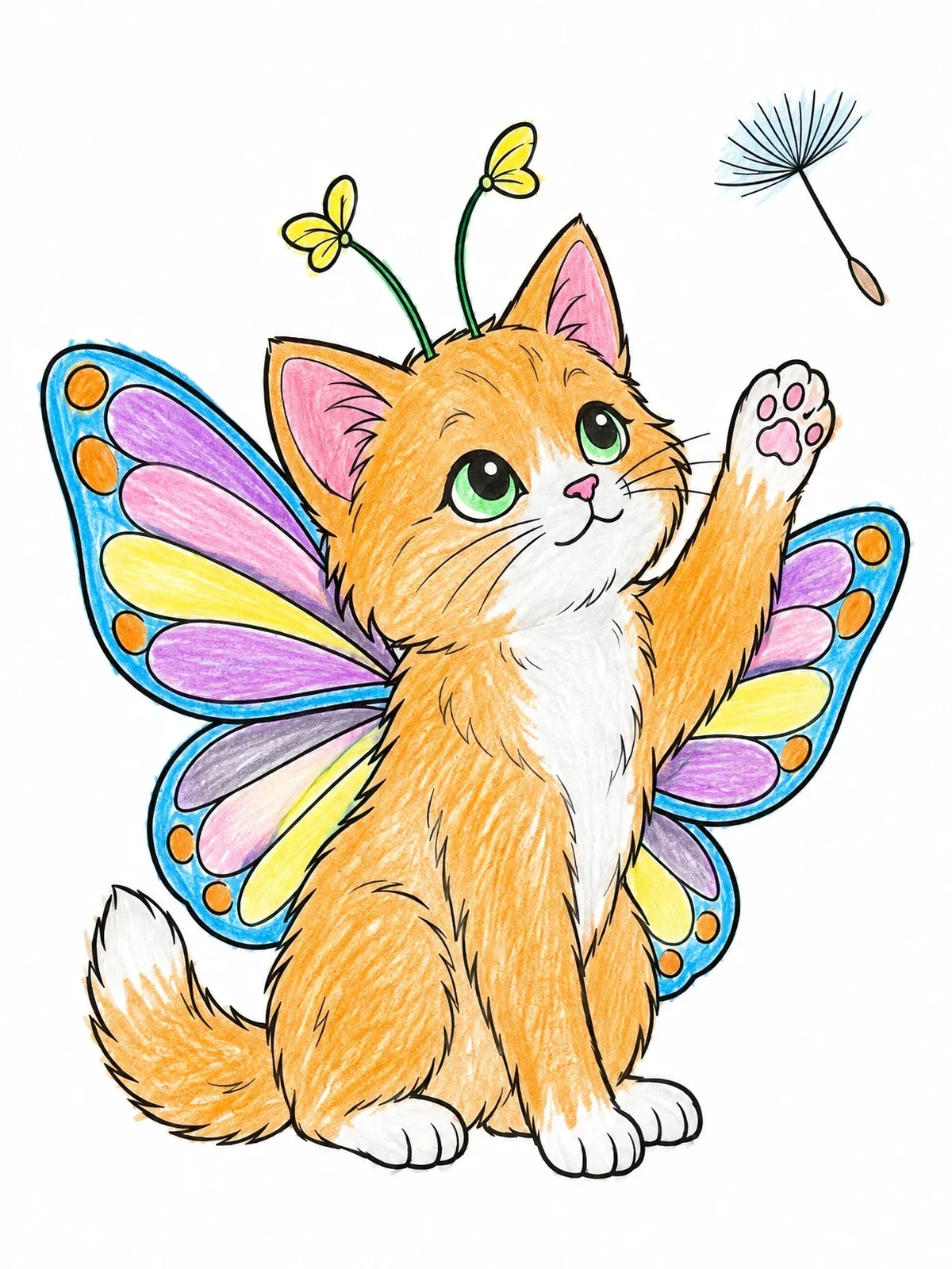 Colored example of the Fairy Kitten With Butterfly Wings coloring page